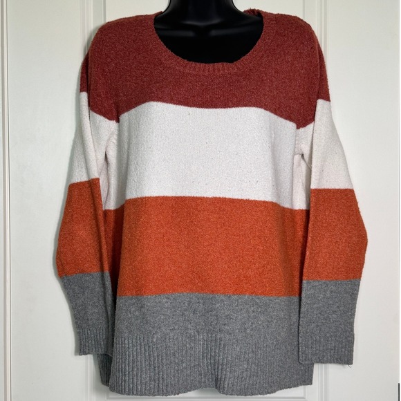 June & Hudson Womens Striped Pullover Sweater M Medium Rust Orange White Gray - Picture 1 of 5